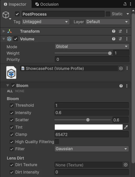 Inspector của object PostProcess: Volume ở chế độ Global, profile có Bloom với Threshold 1, Intensity 0.6, Scatter 0.6