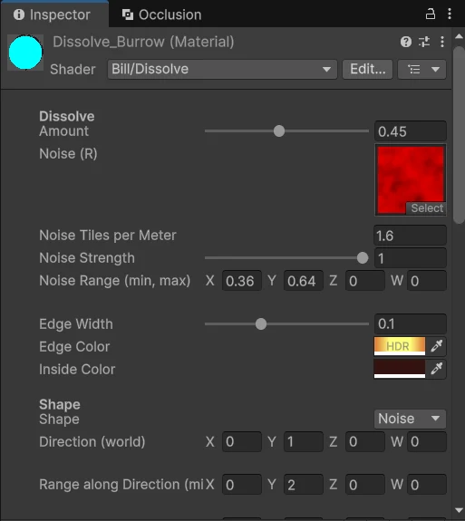 Inspector của material Dissolve_Burrow, mục Dissolve: Amount 0.45, Noise là Perlin_02, Noise Tiles per Meter 1.6, Noise Range 0.36 và 0.64, Edge Width 0.1, Edge Color HDR màu cam