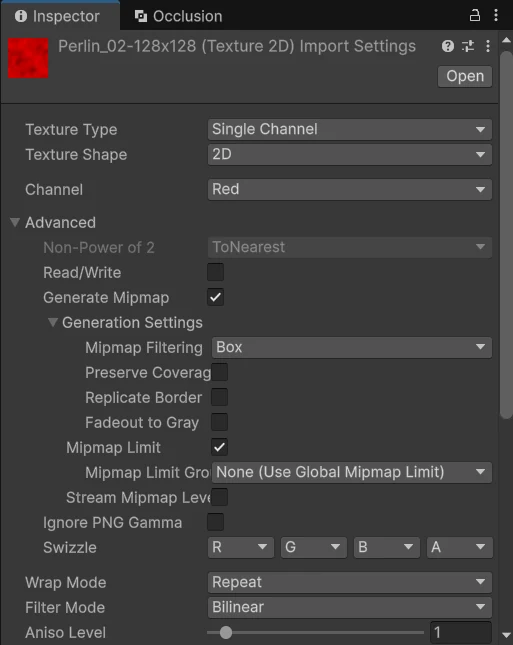 Import settings của Perlin_02: Texture Type là Single Channel, Channel là Red, Wrap Mode là Repeat, Generate Mipmap bật với Mipmap Filtering là Box. Preview ở dưới ghi định dạng R8 UNorm