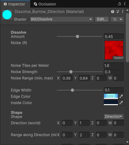 Inspector của material Dissolve_Burrow_Direction: ô Shape đang chọn Direction, Noise Strength 0.3, viền màu xanh