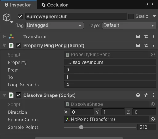 Inspector của BurrowSphereOut: Property Ping Pong đẩy _DissolveAmount từ 0 tới 1 trong 4 giây, Dissolve Shape có Sphere Center là HitPoint, Sample Points 512