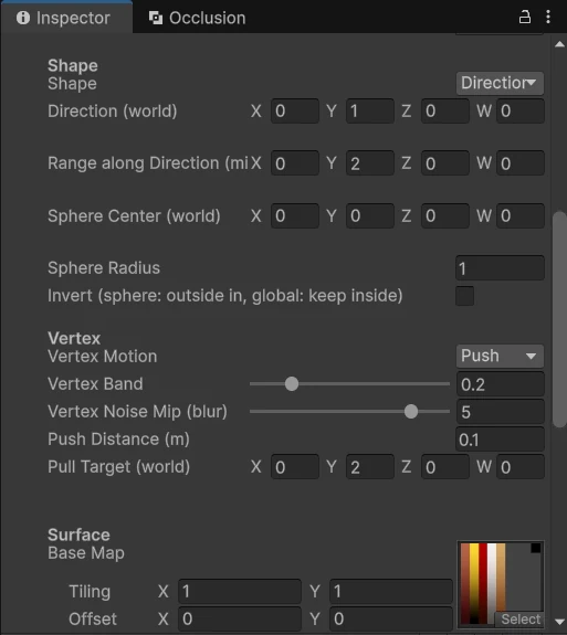 Inspector của material Dissolve_Burrow_Push: Shape là Direction, Vertex Motion là Push, Vertex Band 0.2, Vertex Noise Mip 5, Push Distance 0.1