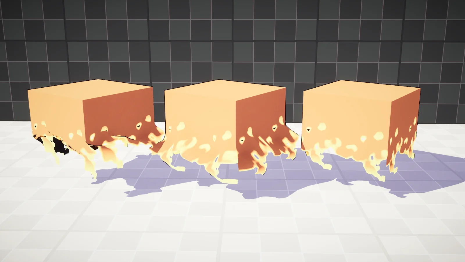 Ba hộp cùng một shader. Trái: normal của từng mặt, cạnh hộp nứt thành khe đen. Giữa: normal mượt trong UV3, mép loe liền mạch. Phải: khối hộp chỉ có 24 vertex, không có gì để phồng