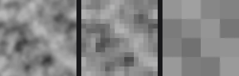 Perlin_02 ở mip 0 (128 pixel), mip 3 (16 pixel) và mip 5 (4 pixel): từ nhiều chi tiết nhỏ, tới vài mảng lớn, tới chỉ còn bốn ô xám
