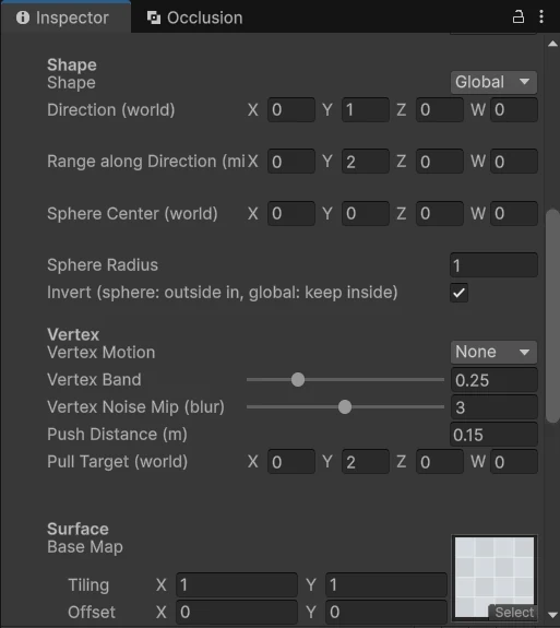 Inspector của material GlobalKeep_Light: Shape là Global, ô Invert được tick, Noise Strength 0.35, Edge Width 0.08