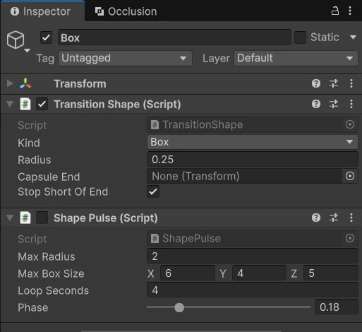 Inspector của object Box: component Transition Shape với Kind là Box, Radius 0.25; bên dưới là Shape Pulse dùng cho ảnh động