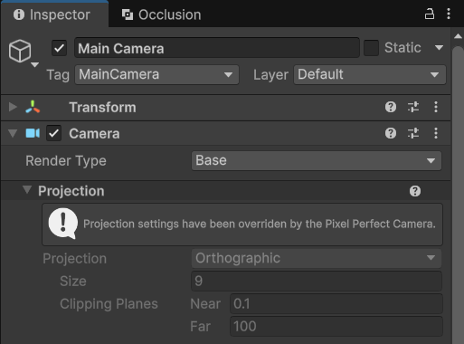 Camera Projection bị khoá xám với thông báo Projection settings have been overriden by the Pixel Perfect Camera, Size hiện 9