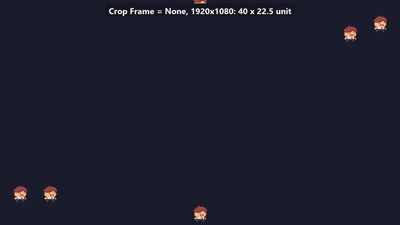 Crop Frame None ở 1920x1080: thấy cả năm nhân vật, khung nhìn 40 x 22.5 unit