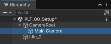Hierarchy: CameraRoot chứa Main Camera, bên dưới là Idle_0
