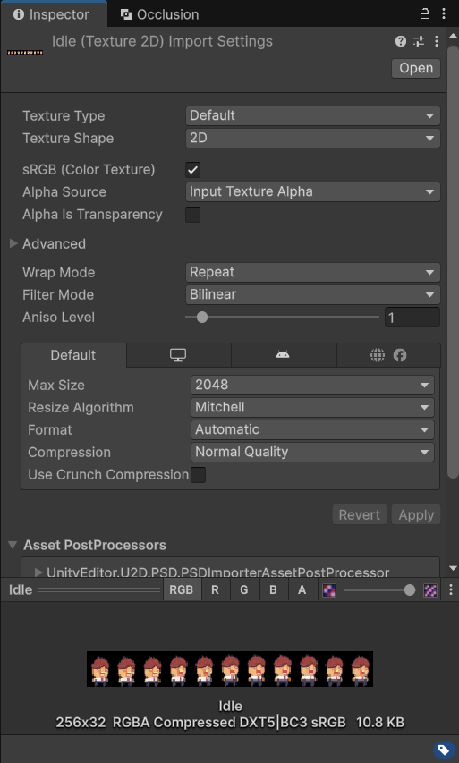 Inspector của Idle.png với setting mặc định trong project 3D: Texture Type Default, Filter Mode Bilinear, Compression Normal Quality, dòng cuối ghi 256x32 DXT5