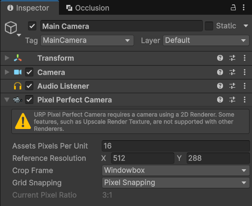 Inspector của Pixel Perfect Camera sau khi đặt: PPU 16, Reference Resolution 512 x 288, Crop Frame Windowbox, Grid Snapping Pixel Snapping, Current Pixel Ratio 3:1