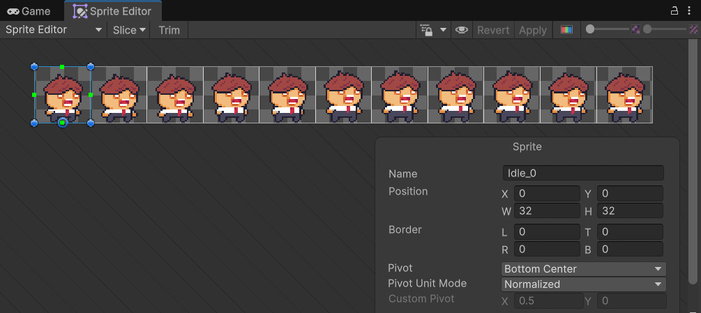 Sprite Editor sau khi cắt: 11 ô 32x32, ô Idle_0 được chọn với vòng tròn pivot ở mép dưới, Pivot ghi Bottom Center