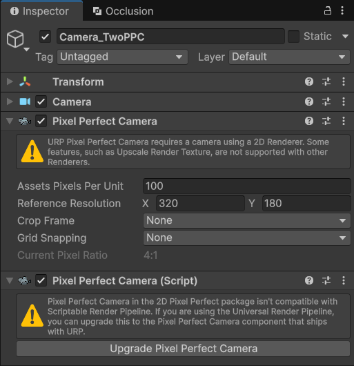 Hai component Pixel Perfect Camera: cái trên của URP có các dòng Assets Pixels Per Unit, Reference Resolution, Crop Frame, Grid Snapping; cái dưới có chữ Script và cảnh báo vàng kèm nút Upgrade