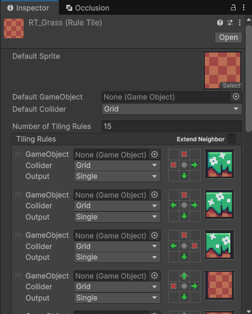 Inspector của RT_Grass: Default Sprite Tileset_17, Default Collider Grid, 15 Tiling Rules, bốn rule đầu với lưới hàng xóm và sprite tương ứng