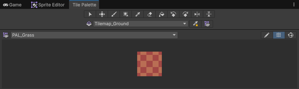Cửa sổ Tile Palette: dropdown mục tiêu là Tilemap_Ground, palette PAL_Grass chứa RT_Grass