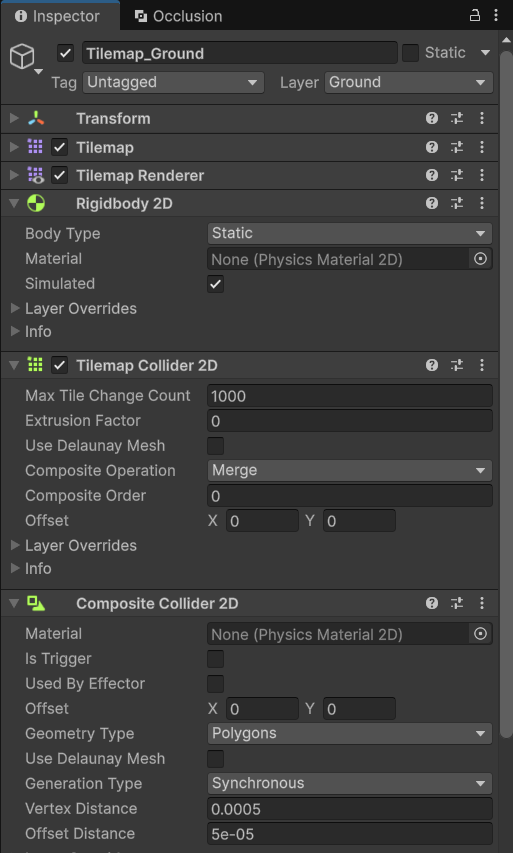 Inspector của Tilemap_Ground: Rigidbody 2D Static, Tilemap Collider 2D với Composite Operation Merge, Composite Collider 2D