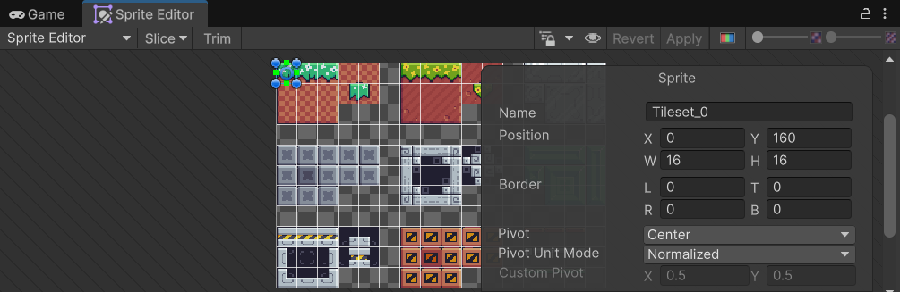 Sprite Editor của Tileset.png sau khi cắt lưới 16x16, ô Tileset_0 được chọn