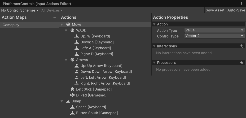Input Actions Editor: map Gameplay, action Move với WASD, Arrows, Left Stick, D-Pad và action Jump với Space, Button South