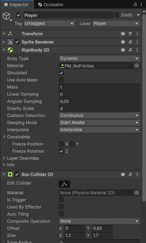 Inspector của Player: Rigidbody 2D Dynamic với PM_NoFriction, Gravity Scale 4, Continuous, Interpolate, Freeze Rotation Z; Box Collider 2D offset 0 0.85, size 1.2 1.7