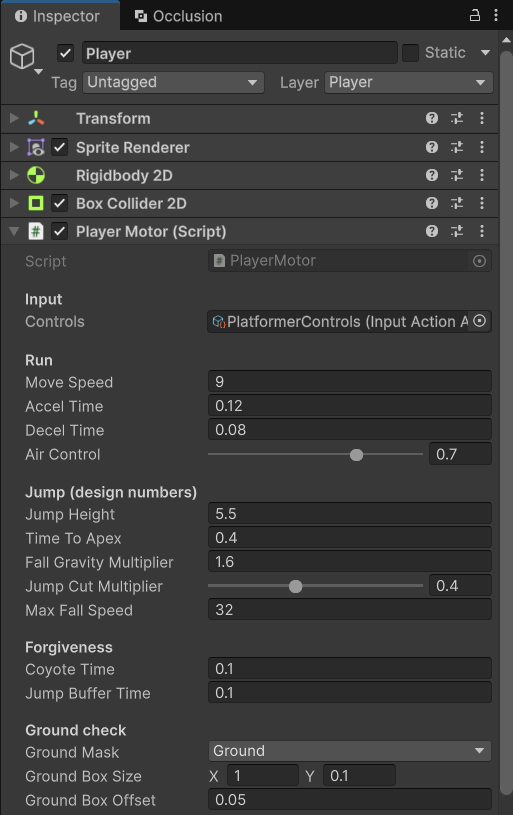 Inspector Player Motor: nhóm Run có Air Control 0.7, nhóm Jump có Jump Height 5.5, Time To Apex 0.4, Fall Gravity Multiplier 1.6, Jump Cut Multiplier 0.4, Max Fall Speed 32, nhóm Forgiveness có Coyote Time và Jump Buffer Time 0.1