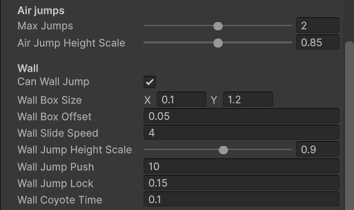 Inspector Player Motor: nhóm Air jumps có Max Jumps 2 và Air Jump Height Scale 0.85; nhóm Wall có Can Wall Jump, Wall Box Size 0.1 x 1.2, Wall Slide Speed 4, Wall Jump Push 10, Wall Jump Lock 0.15, Wall Coyote Time 0.1