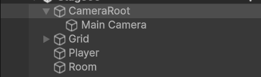 Hierarchy: CameraRoot chứa Main Camera, Grid, Player, Room