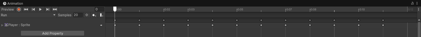 Cửa sổ Animation: clip Run, Samples 20, 12 keyframe Sprite trải từ 0:00 tới 0:11
