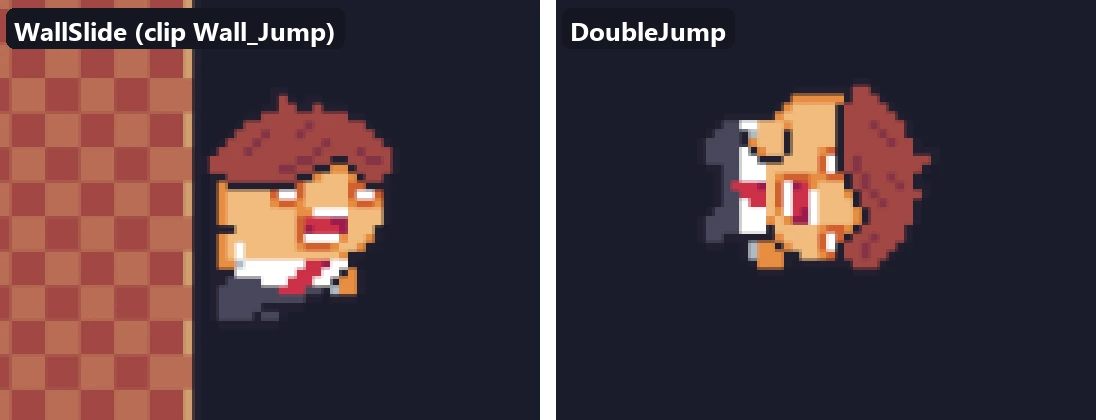Hai tư thế chụp trong game: bám tường trái với hình đã lật, và cú lộn vòng của double jump