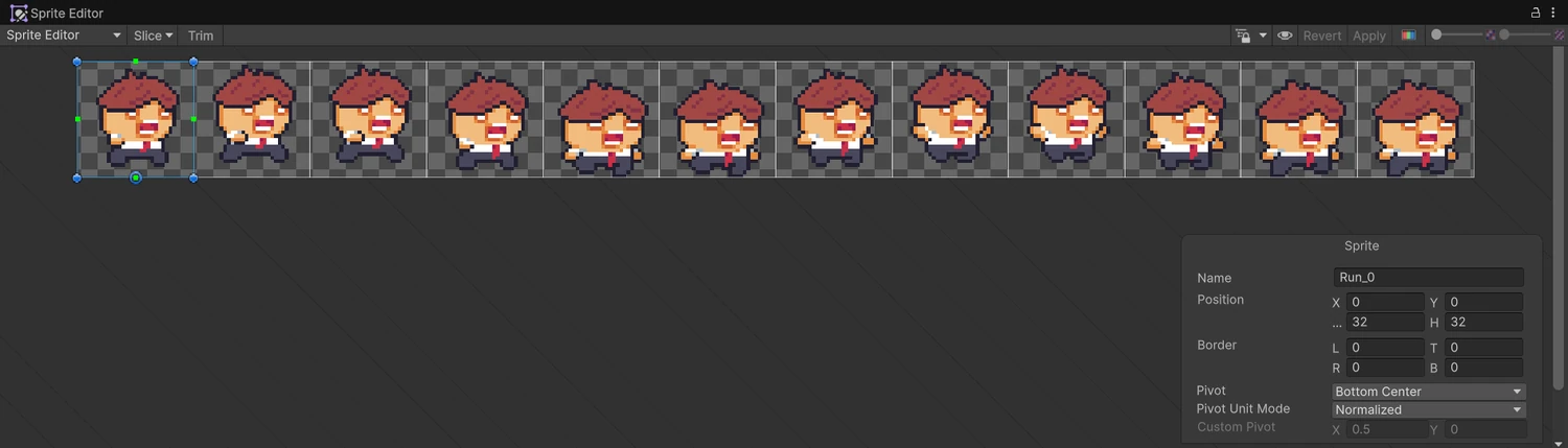 Sprite Editor của Run.png: 12 ô 32 x 32, ô Run_0 được chọn với Pivot Bottom Center