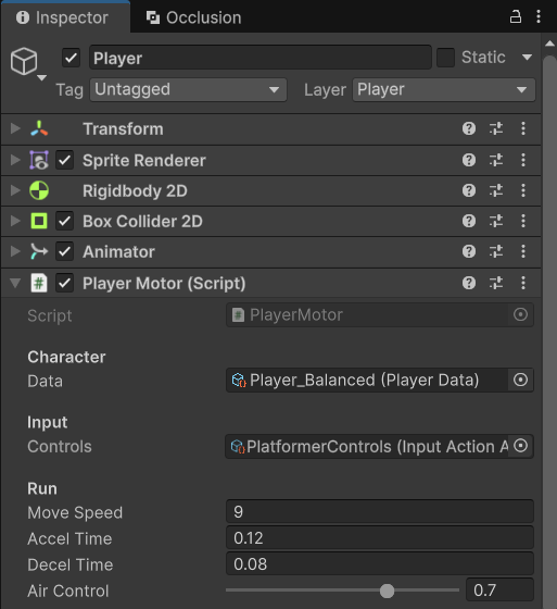 Inspector Player Motor: nhóm Character với Data là Player_Balanced, bên dưới là các field Run, Jump như cũ