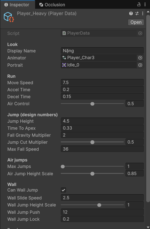 Inspector của Player_Heavy: Display Name Nặng, Animator Player_Char3, Move Speed 7.5, Accel 0.2, Decel 0.15, Air Control 0.5, Jump Height 4.5, Time To Apex 0.33, Fall Gravity Multiplier 2, Max Jumps 1, Wall Slide Speed 2.5, Wall Jump Push 12, Wall Jump Lock 0.2