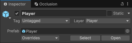 Inspector: dòng Prefab Player với các nút Overrides, Select, Open