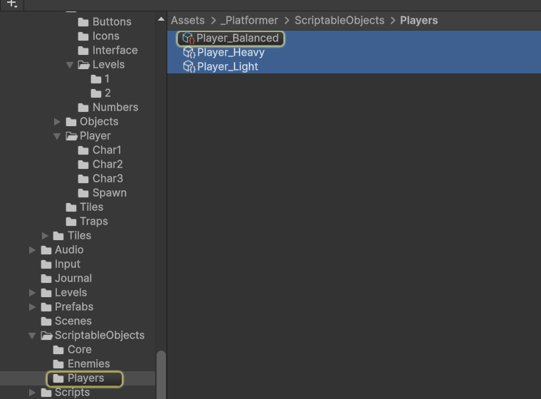 Project window: thư mục ScriptableObjects/Players chứa Player_Balanced, Player_Heavy, Player_Light