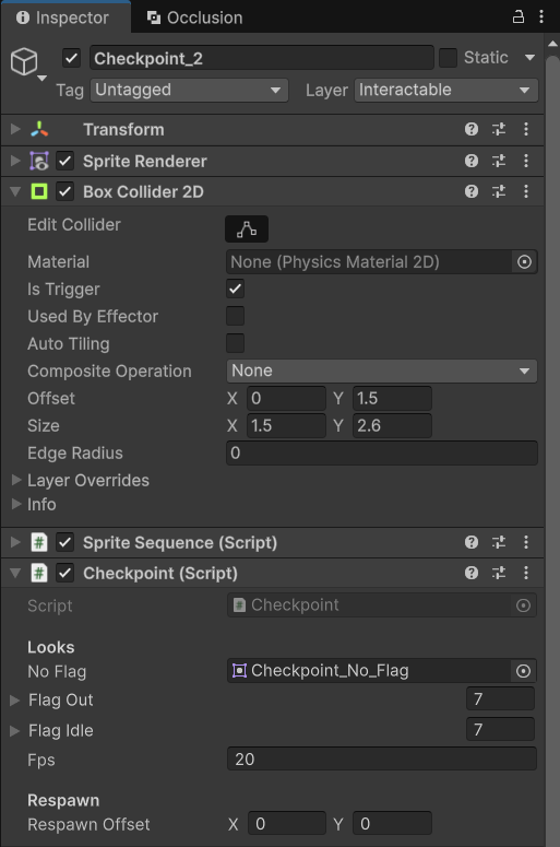 Bên trái Inspector của Checkpoint_2: layer Interactable, Box Collider 2D trigger offset 0 1.5 size 1.5 2.6, Checkpoint với No Flag, Flag Out 7, Flag Idle 7, Respawn Offset 0 0; bên phải Scene view: khung collider bao cột cờ và vòng xanh ở chân cột là điểm hồi sinh