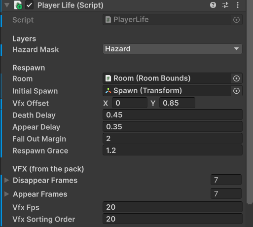 Inspector Player Life: Hazard Mask Hazard, Room, Initial Spawn, Vfx Offset 0 0.85, Death Delay 0.45, Appear Delay 0.35, Fall Out Margin 2, Respawn Grace 1.2, Disappear Frames 7, Appear Frames 7, Vfx Fps 20