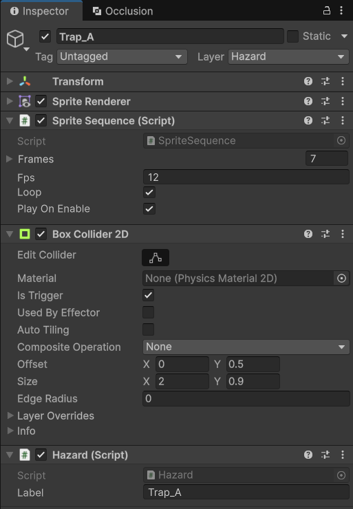 Inspector của Trap_A: layer Hazard, Sprite Sequence 7 frame 12 fps loop, Box Collider 2D Is Trigger, Offset 0 0.5, Size 2 0.9, Hazard label Trap_A