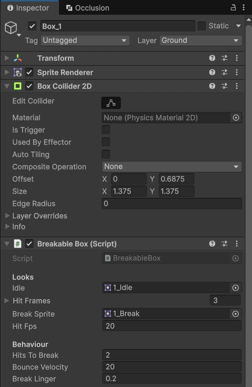 Inspector của Box_1: layer Ground, Box Collider 2D offset 0 0.6875 size 1.375, Breakable Box với Idle, 3 Hit Frames, Break Sprite, Hit Fps 20, Hits To Break 2, Bounce Velocity 20, Break Linger 0.2