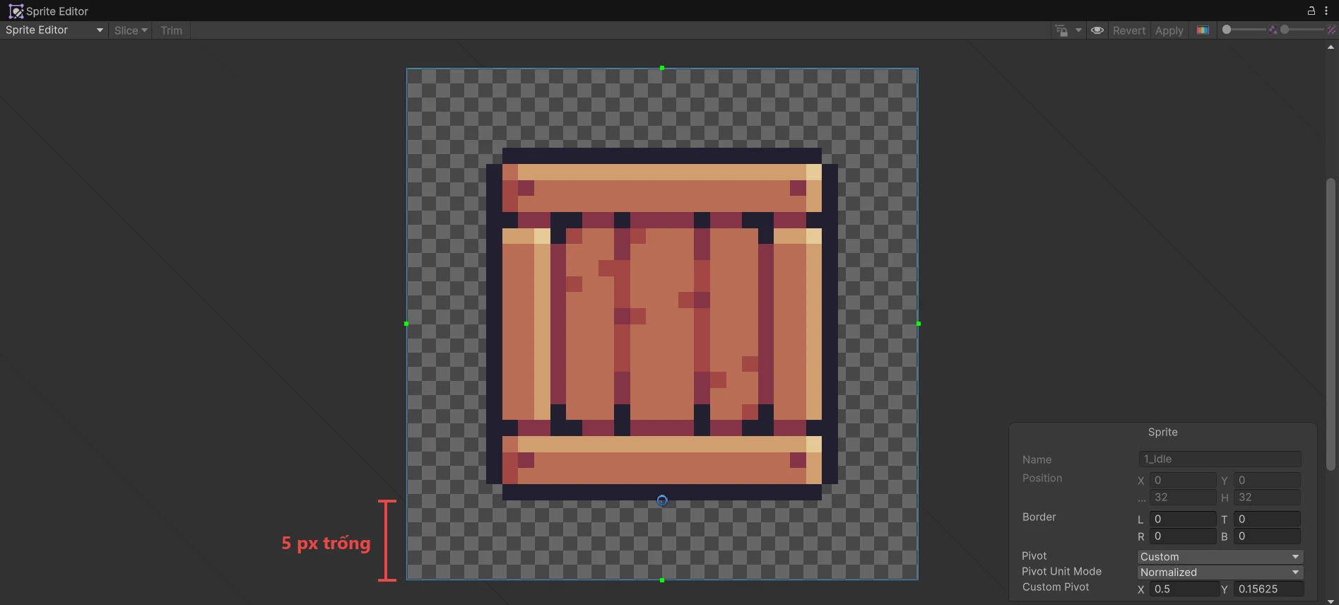 Sprite Editor của 1_Idle.png: thùng 22x22 nằm giữa ô 32x32, khoảng trống 5 pixel ở đáy được đánh dấu, Pivot Custom 0.5, 0.15625