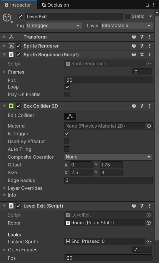 Inspector của LevelExit: layer Interactable, Sprite Sequence không tự phát, Box Collider 2D trigger offset 0 1.75 size 2.5 3, Level Exit với Room, Locked Sprite End_Pressed_0, 7 Open Frames, Fps 20