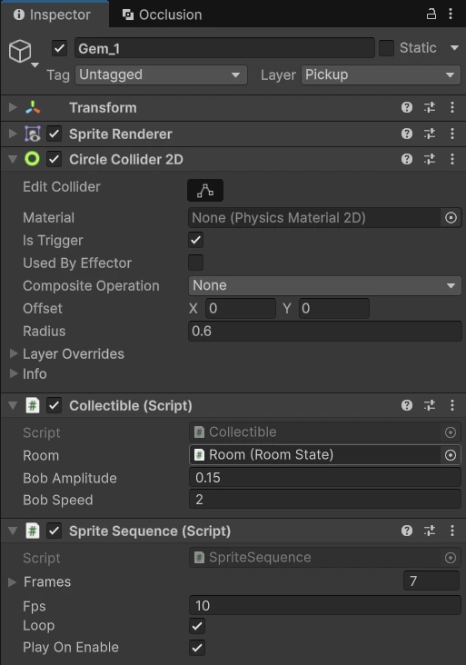 Inspector của Gem_1: layer Pickup, Circle Collider 2D trigger radius 0.6, Collectible với Room, Bob Amplitude 0.15, Bob Speed 2, Sprite Sequence 7 frame fps 10 loop