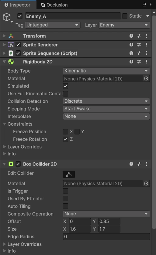 Inspector của Enemy_A: layer Enemy, Rigidbody 2D Kinematic với Freeze Rotation Z, Box Collider 2D offset 0 0.85 size 1.6 1.7