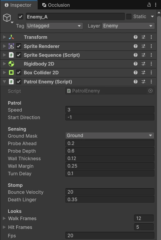 Inspector của Patrol Enemy: Speed 3, Start Direction -1, Ground Mask Ground, Probe Ahead 0.2, Probe Depth 0.6, Wall Thickness 0.12, Wall Margin 0.25, Turn Delay 0.1, Bounce Velocity 20, Death Linger 0.35, 12 Walk Frames, 5 Hit Frames, Fps 20