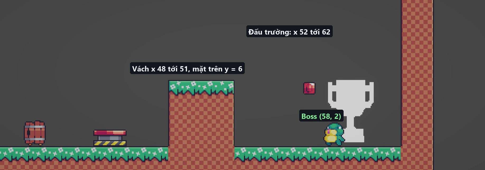 Scene view: bên trái là khối vách 4 ô, mặt trên ở y = 6; bên phải là đấu trường từ x 52 tới 62 với boss đứng ở x 58 trước cúp