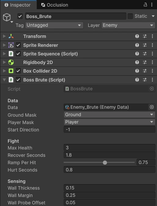 Inspector của Boss Brute: Data Enemy_Brute, Ground Mask Ground, Player Mask Player, Start Direction -1, Max Health 3, Recover Seconds 1.8, Ramp Per Hit 0.75, Hurt Seconds 0.8, Wall Thickness 0.15, Wall Margin 0.25, Wall Probe Offset 0.05