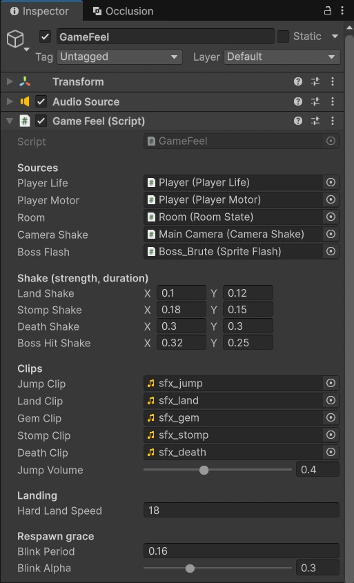 Inspector của GameFeel: Player Life, Player Motor, Room, Camera Shake trên Main Camera, Boss Flash trên Boss_Brute, bốn cặp strength và duration 0.1/0.12, 0.18/0.15, 0.3/0.3, 0.32/0.25, năm clip sfx, Jump Volume 0.4, Hard Land Speed 18, Blink Period 0.16, Blink Alpha 0.3
