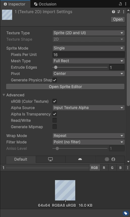 Import Settings của Backgrounds/1.png: Sprite Single, Pixels Per Unit 16, Mesh Type Full Rect, Generate Mipmap tắt, Wrap Mode Repeat, Filter Mode Point, 64x64 RGBA8