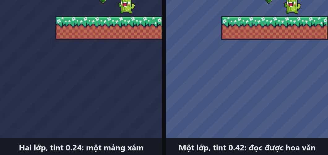 Bên trái: hai lớp nền chồng nhau với tint 0.24, cả nền thành một mảng xám tối gần như không thấy hoa văn. Bên phải: một lớp với tint 0.42, sọc chéo hiện rõ