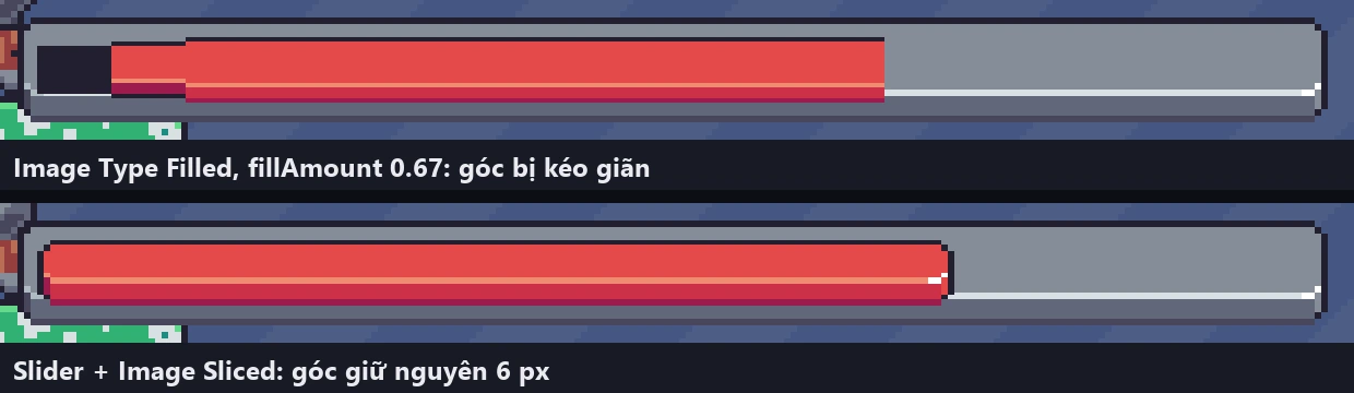 Hai thanh máu phóng to cùng ở mức 2/3: trên là Image Filled với fillAmount 0.67, đầu trái thành một khối tối kéo giãn và cả thanh mất viền; dưới là Slider với Image Sliced, góc 6 pixel giữ nguyên cả hai đầu