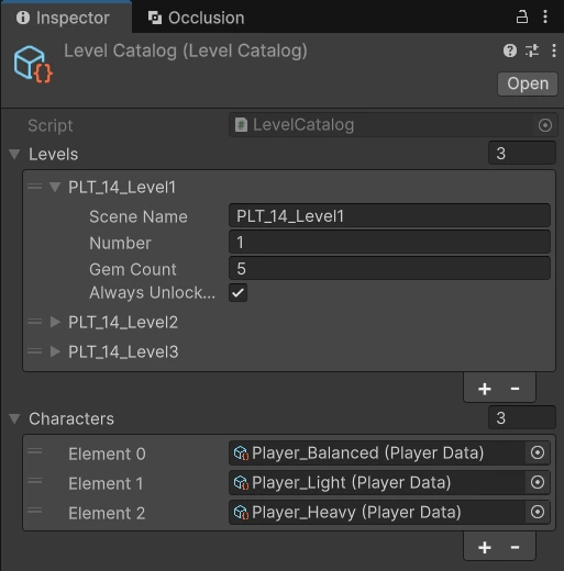 Inspector của LevelCatalog: Levels có ba mục, mục đầu Scene Name PLT_14_Level1, Number 1, Gem Count 5, Always Unlocked bật; Characters có Player_Balanced, Player_Light, Player_Heavy