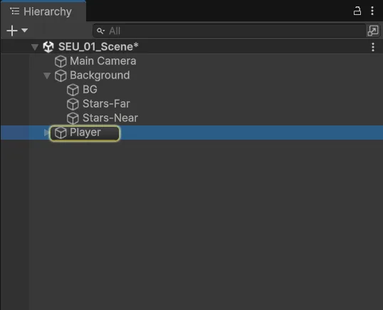 Cây Hierarchy với EngineFire là con của Player
